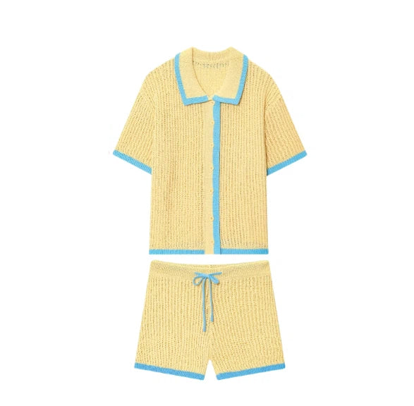 Knitted polo shirt jacket+shorts set