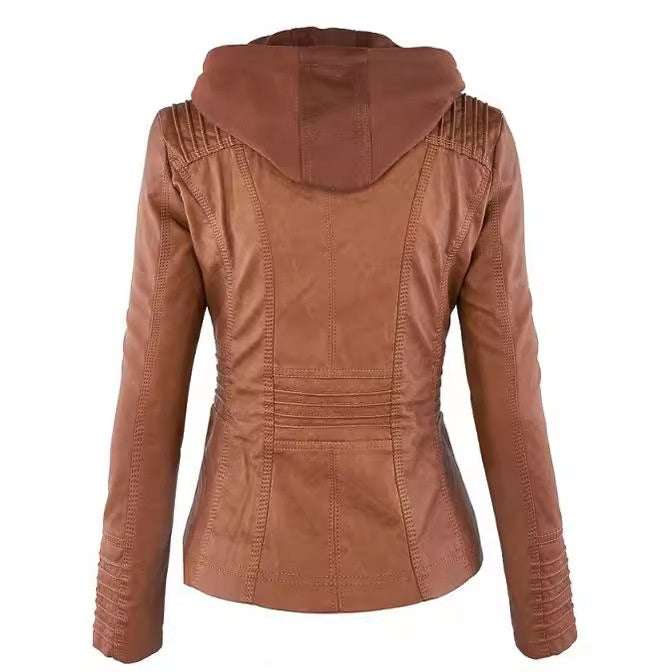 Women's Detachable Lapel Long Sleeve Solid Color Zipper Leather Jacket Coat by My Store