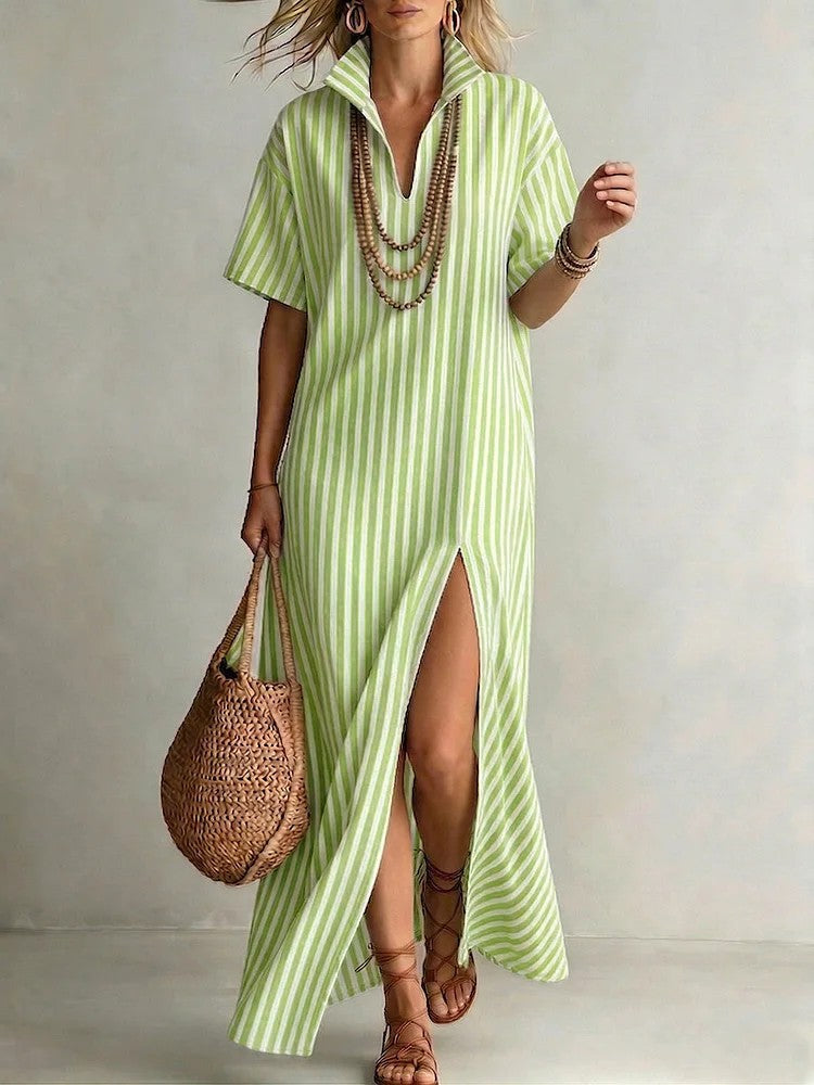 V-neck short sleeved striped split cotton linen dress by eprolo