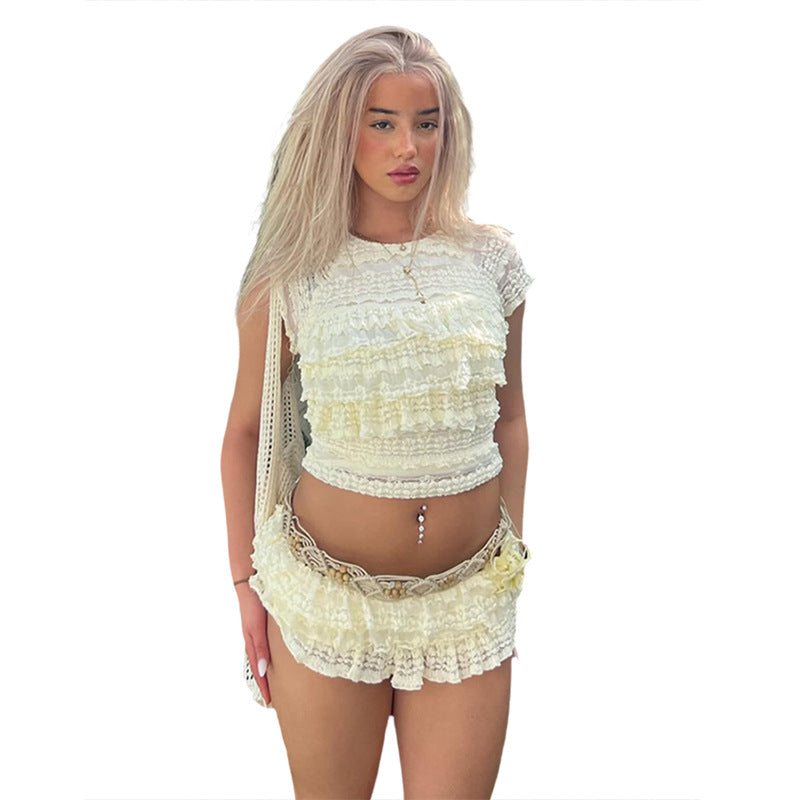 New Fashion Style Sweet and Spicy Girl Solid Color Hollow out Slim Fold Shorts Set for Women by eprolo