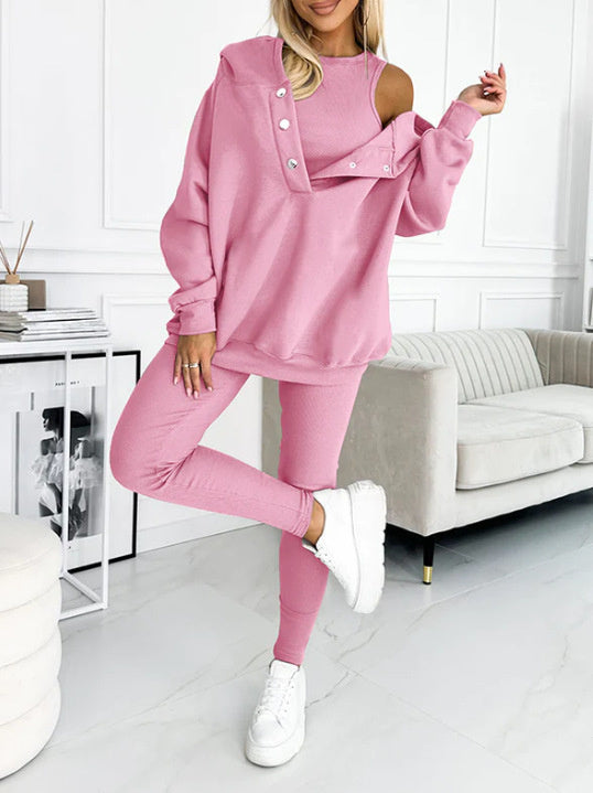 3pcs Women's Sports Suit Loose Hooded Pockets Sweatshirt And Vest And Slim Trousers by My Store