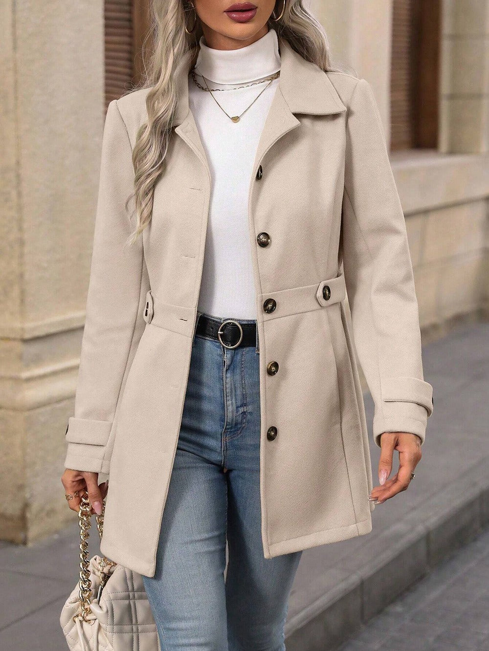 Elegant Single-breasted Woolen Coat Buttons Lapel Mid-length Jacket Temperament Commuter Outwear Clothing For Women by DERILUJA LLC