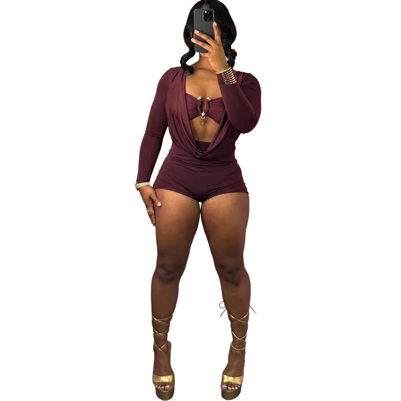 Spring Summer New Individual Street Deep V Low Cut Solid Color Slim Fit Bodycon Jumpsuit by eprolo