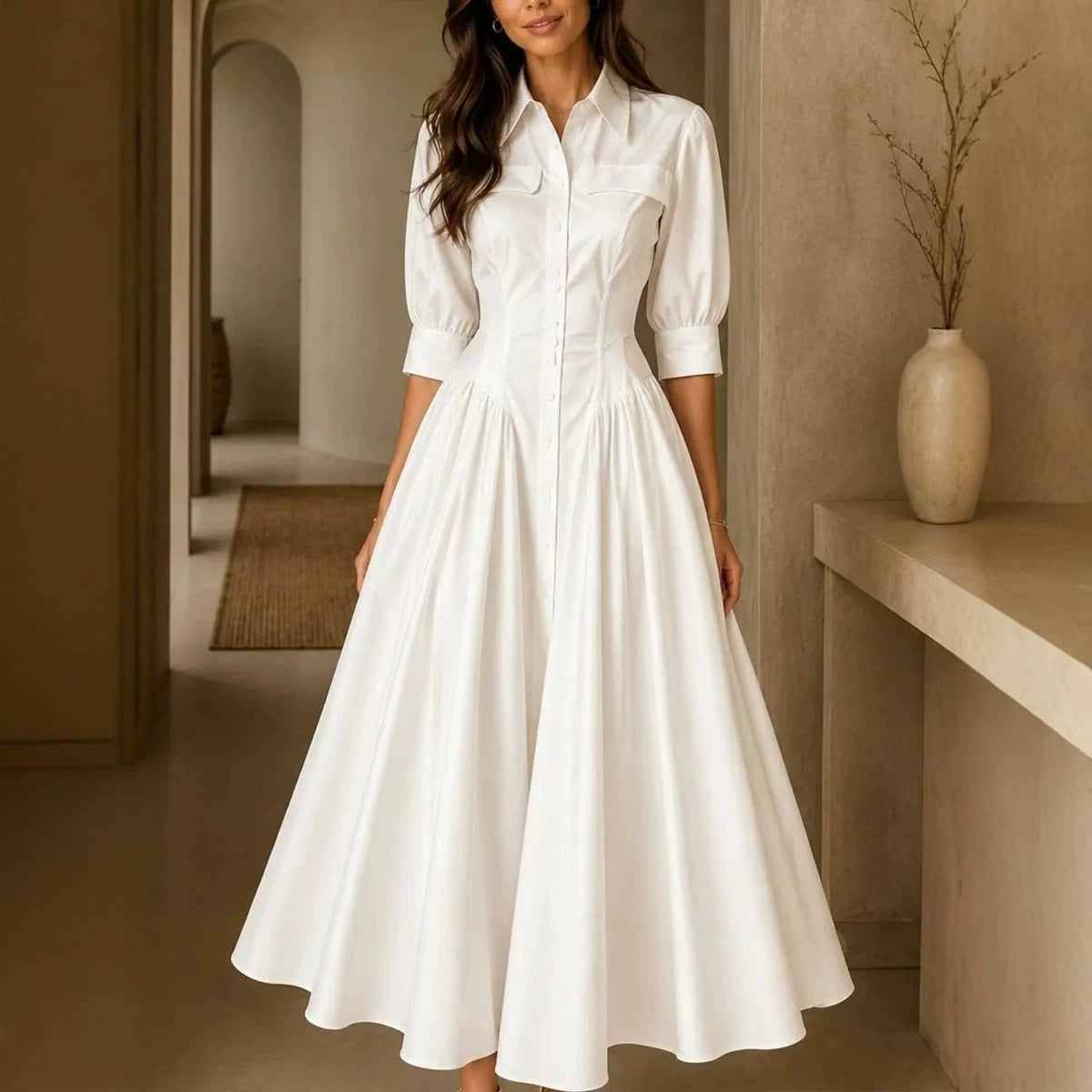 Cotton-linen Blend Single-breasted High-waisted Solid-color Dress by DERILUJA LLC