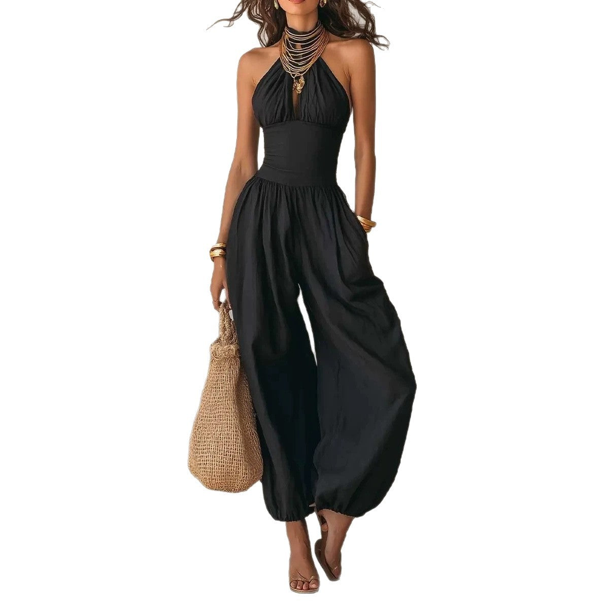 Slim-Fitting Body-Concealing Travel Halter Neck Sexy Casual Comfortable Jumpsuit by eprolo