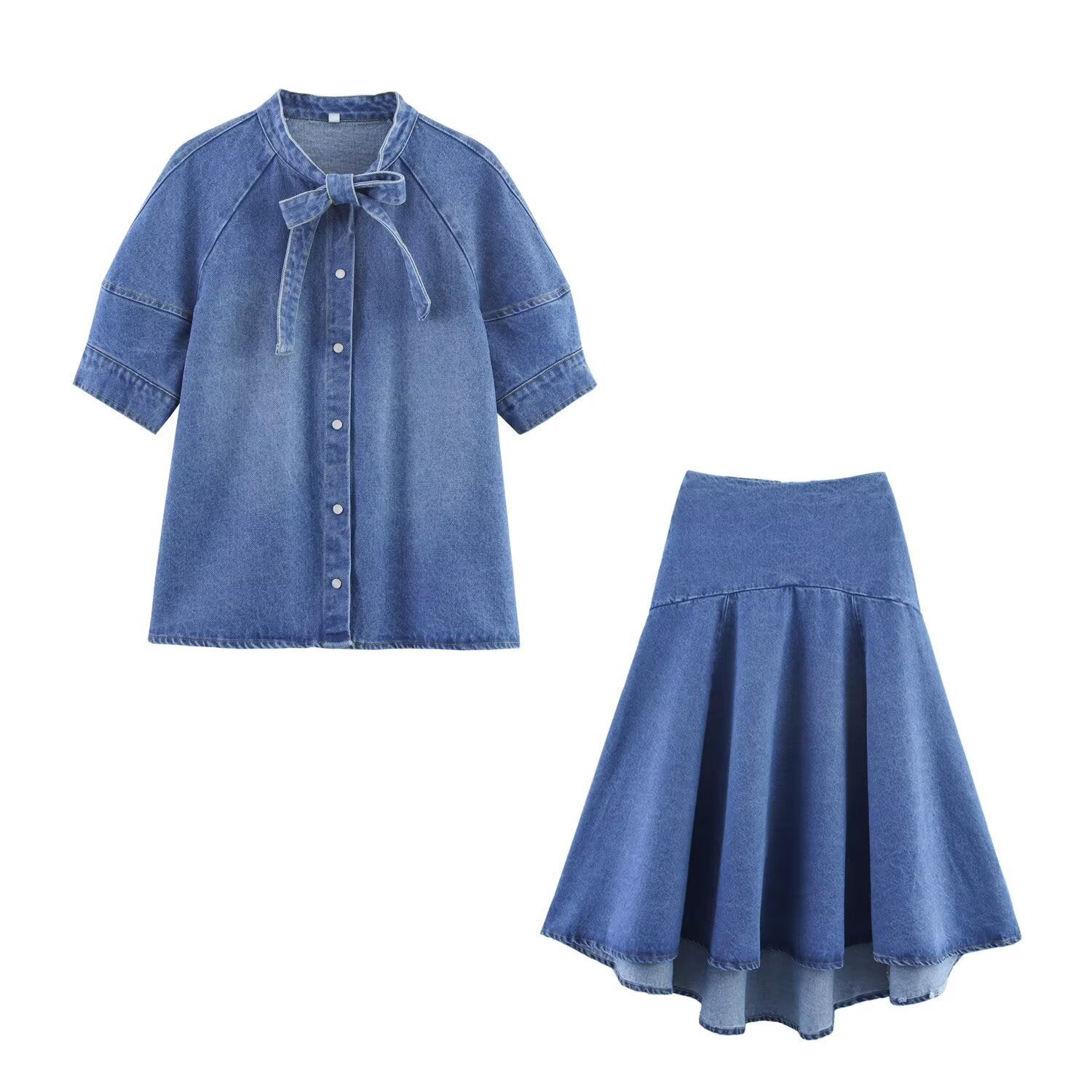 Bow tie denim shirt+skirt set