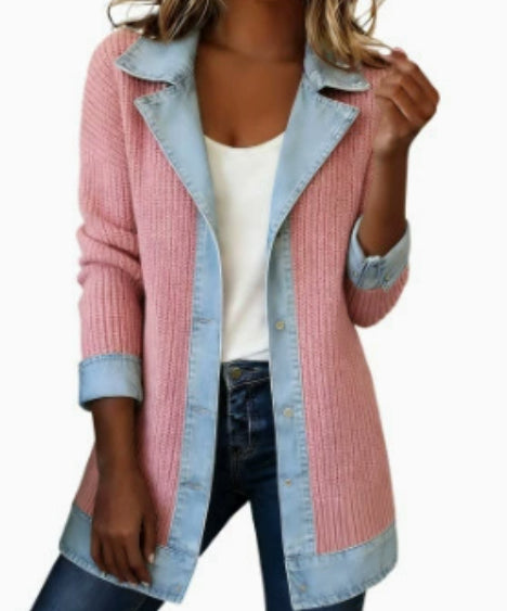 Denim Patchwork Jacket Fashion Commuter Lapel Button-down Long-sleeved Top For Women's Clothing by DERILUJA LLC