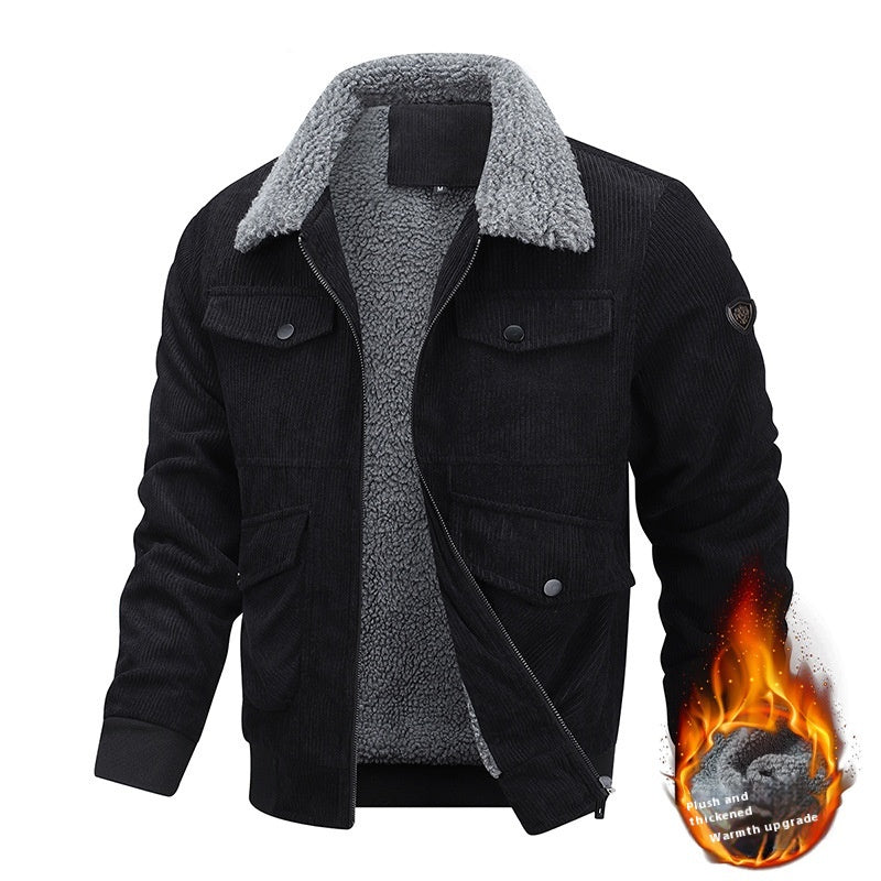 Winter Lapel Fleece Jacket With Pockets Warm Thicken Cotton Coat Men's Clothing by DERILUJA LLC