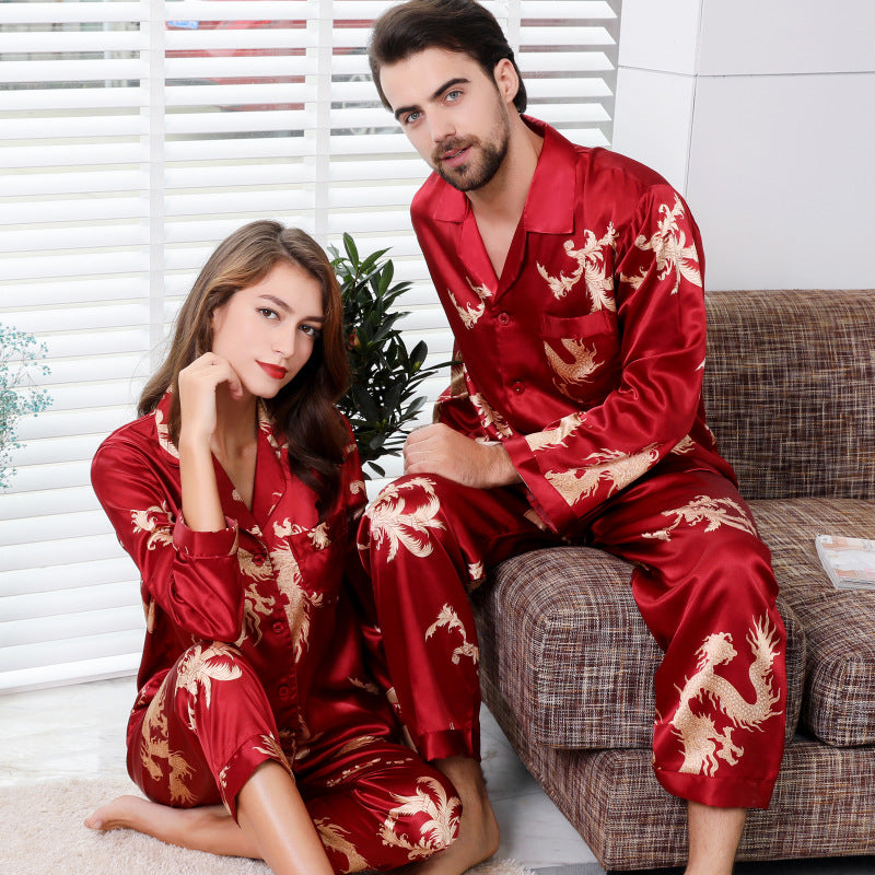 Simulated silk couple sleepwear new long sleeved set men's and women's V-neck silk printed dragon and phoenix home clothes by eprolo