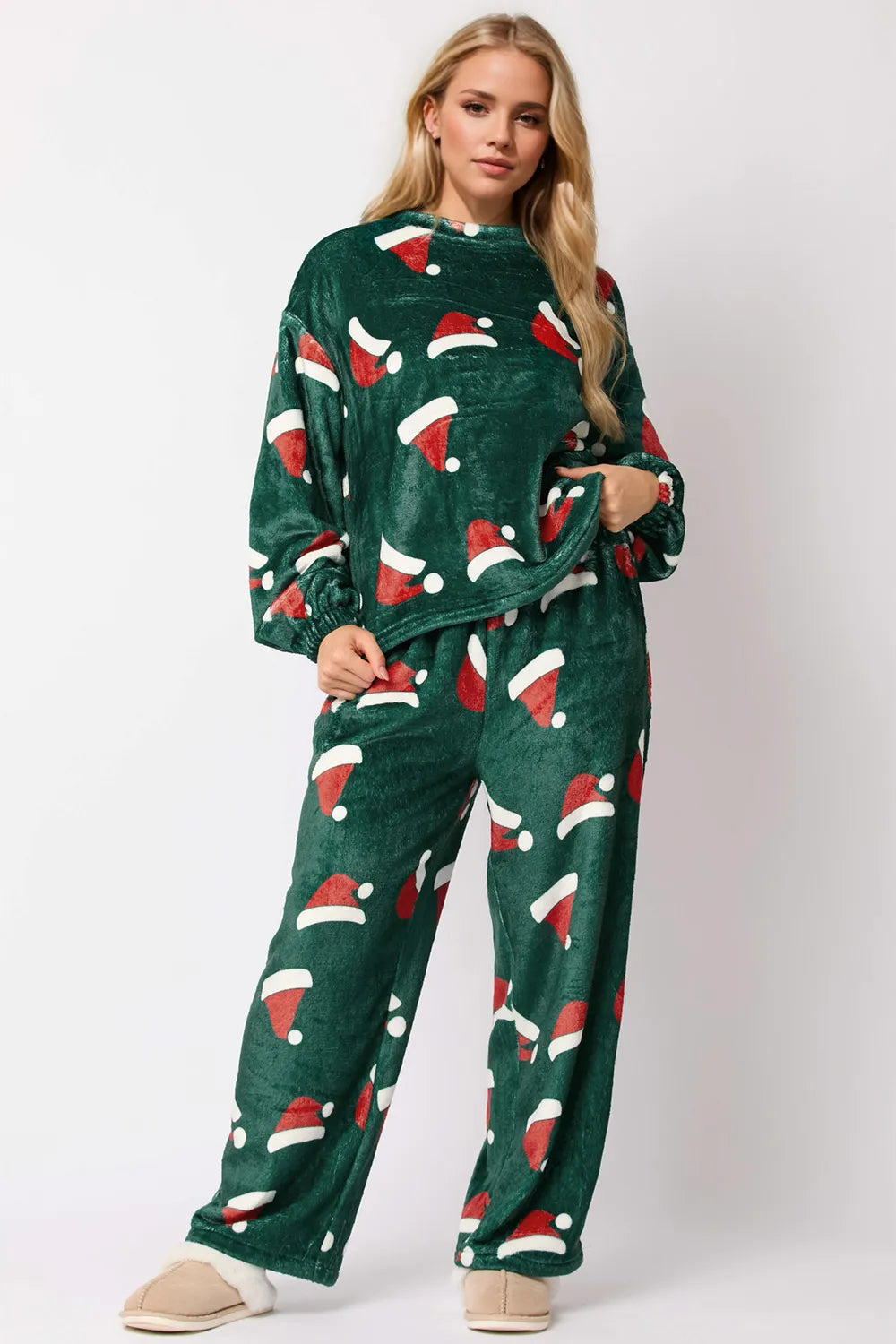 Christmas Hat Pattern Round Neck Long Sleeve Top and Pants Set by eprolo