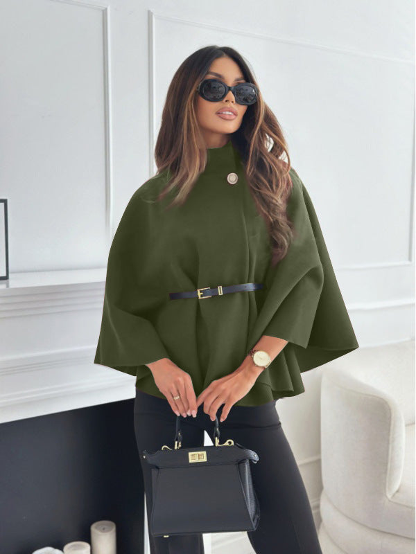 Stand Collar Batwing Sleeves Cloak Top With Belt Ins Fashion Temperament Jacket Woolen Sweater Outwear For Women Clothing by DERILUJA LLC