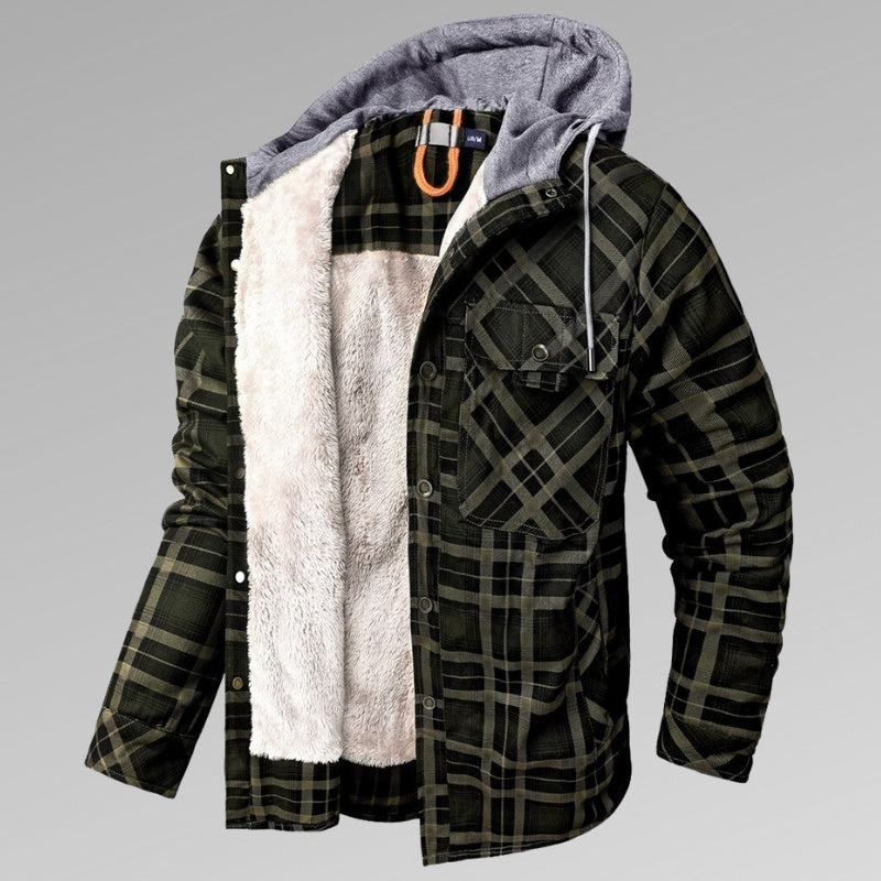 Men's Long Sleeve Velvet Thickened Hooded Plaid Shirt Coat by My Store