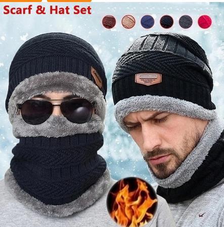 Winter Beanie Hat Scarf Set Warm Knit Hat Thick Fleece Lined Winter Hat Neck Warmer For Men Women by My Store