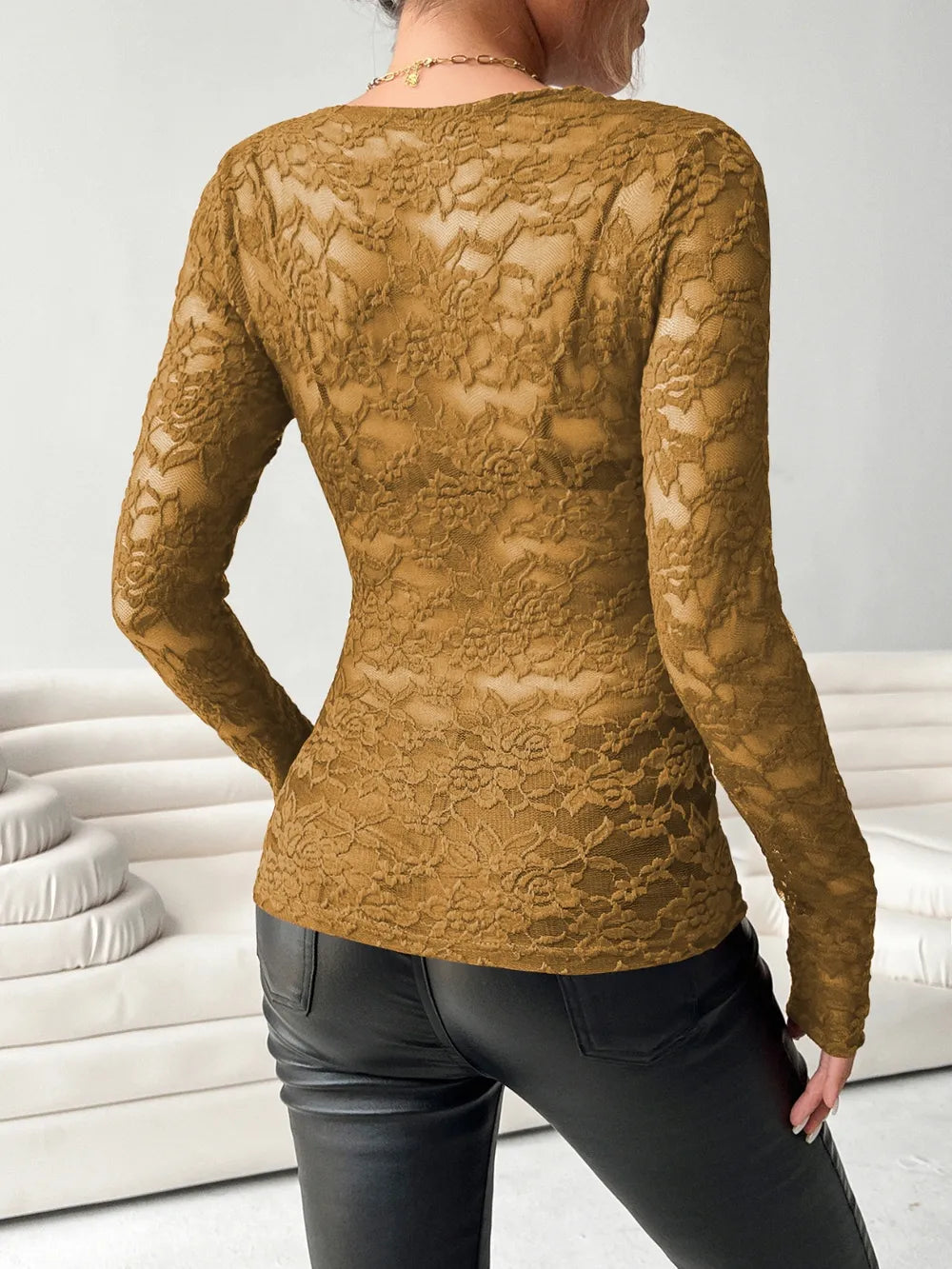 V-neck fan-shaped collar solid color long sleeved slim fit top with lace top by eprolo