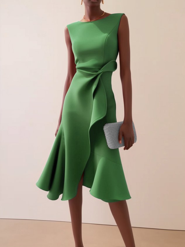 Women's Bow-knot Sleeveless Dress Summer Round Neck Red Temperament by DERILUJA LLC