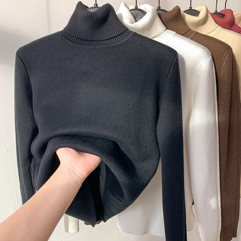 Fleece Turtle Neck Sweater Winter Warm Elegant Thick Knitted Pullover Tops Women's Clothing by DERILUJA LLC