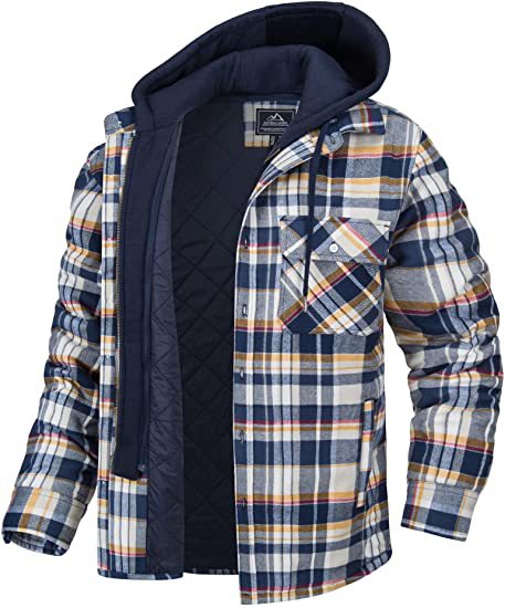Men's Plaid Hooded Coat Winter Warm Button Zip-up Jacket Fashion Casual Thick Padded Long Sleeves Outerwear Clothing by DERILUJA LLC