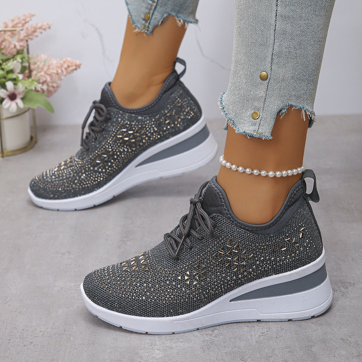 Ins Rhinestone Sneakers Fashion Lace Up Wedges Casual Shoes Women's Daily Commuting Sports Shoes by My Store