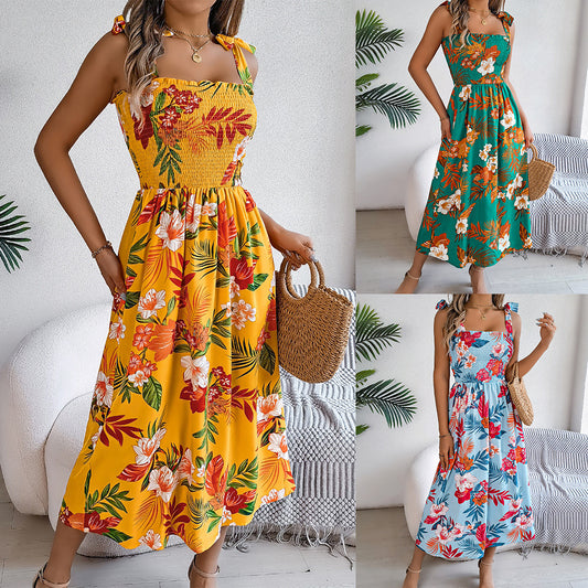 Flowers Print Suspender Corset Dress Ins Fashion Holiday Beach Long Dresses Summer Clothing For Women by DERILUJA LLC