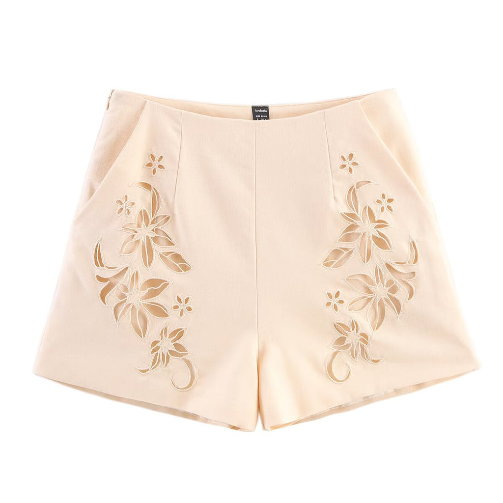 Hollow embroidery cotton linen style vest+shorts set