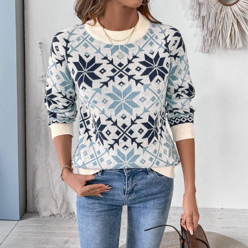 Long sleeved round neck snowflake geometric pattern sweater by eprolo