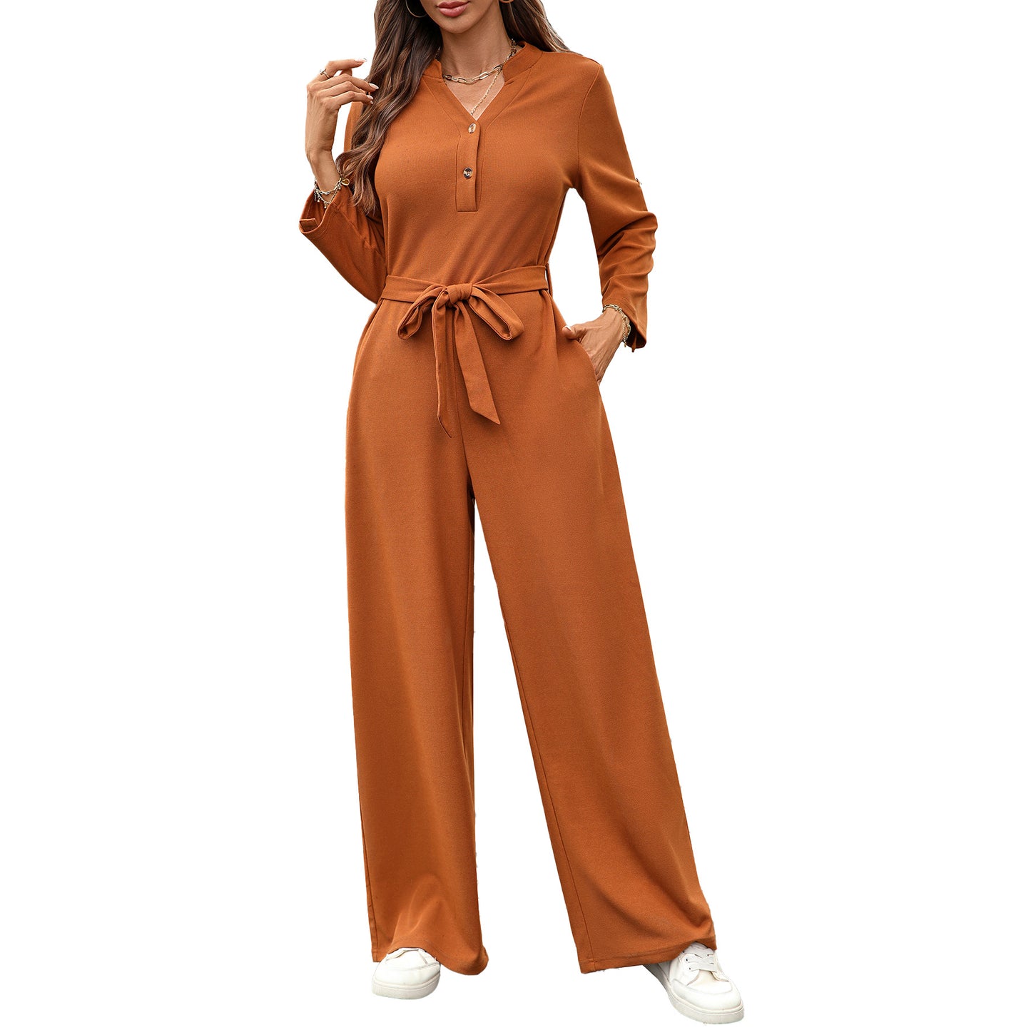 Solid color high waisted button up long sleeved loose jumpsuit by eprolo