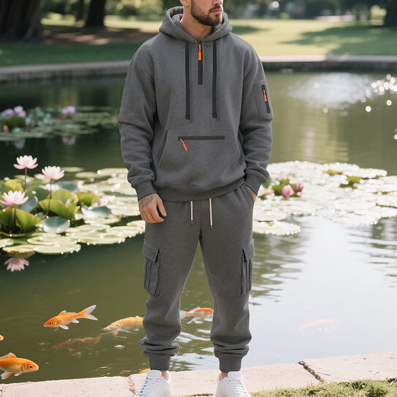 Men's Loose Sports And Leisure Suit Sweater Fleece-lined Hoodie Set Zipper Multi-Pocket Pullover Men's Sports Casual Top Two-piece Set by My Store