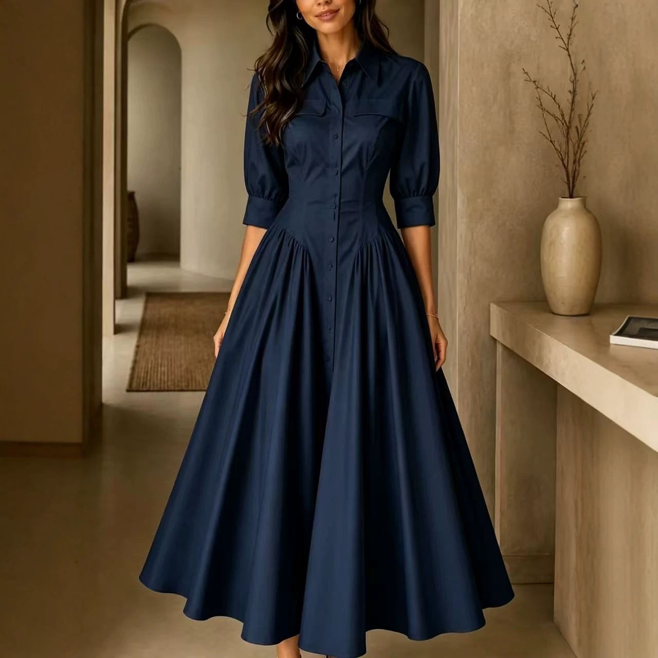 Cotton-linen Blend Single-breasted High-waisted Solid-color Dress by DERILUJA LLC