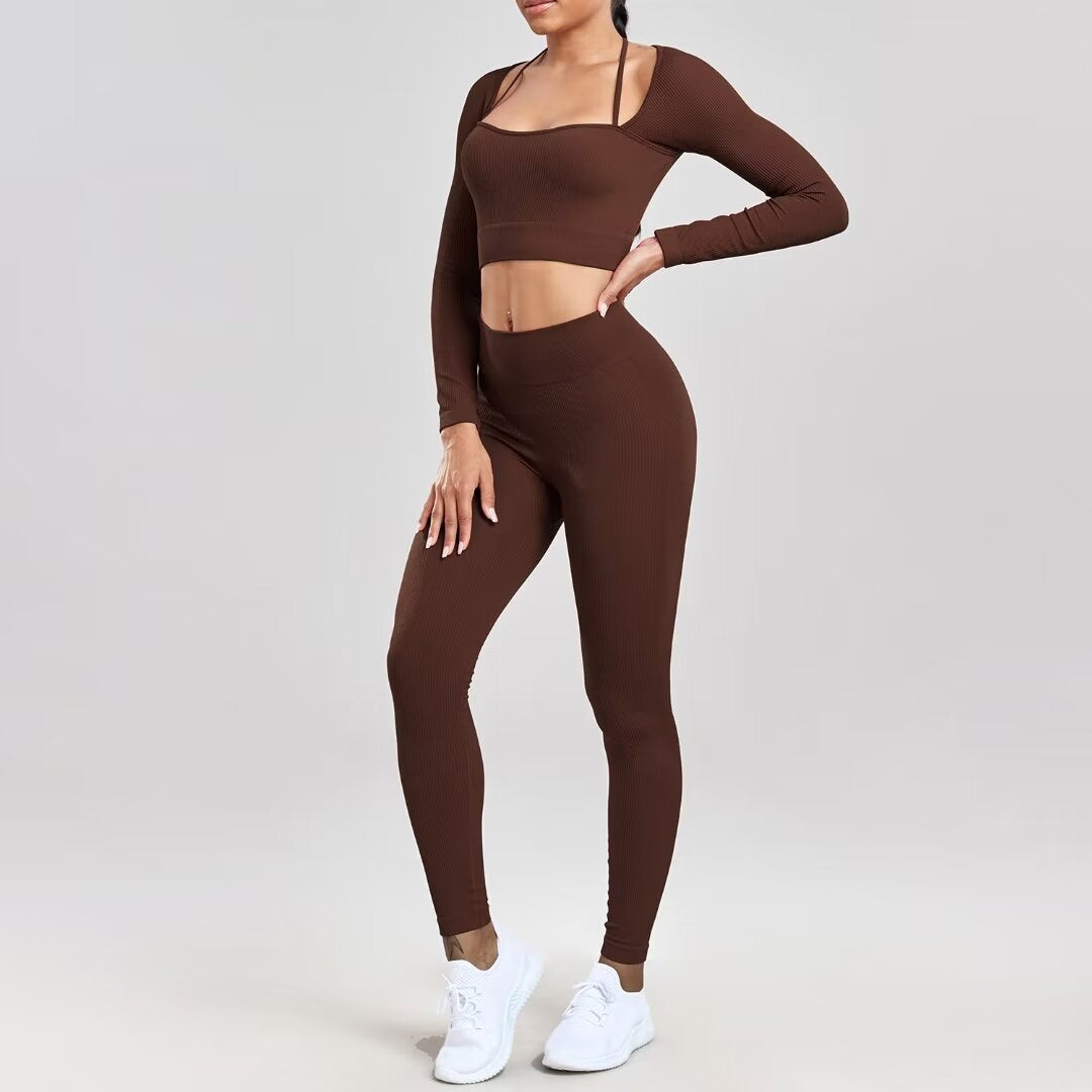 Sports Running Seamless Ribbed Long Sleeve Yoga Fitness Set, Bodycon High-Waisted Backless T-Shirt, Quick-Dry Workout Apparel by eprolo