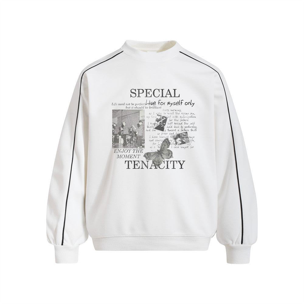 Men's Rap Character Print Contrast Stitch Crewneck Pullover Sweatshirt by eprolo