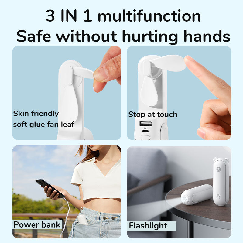 Portable Fan Mini Handheld Fan USB Recharge Hand Held Small Pocket Fan with Power Bank Flashlight Feature by eprolo