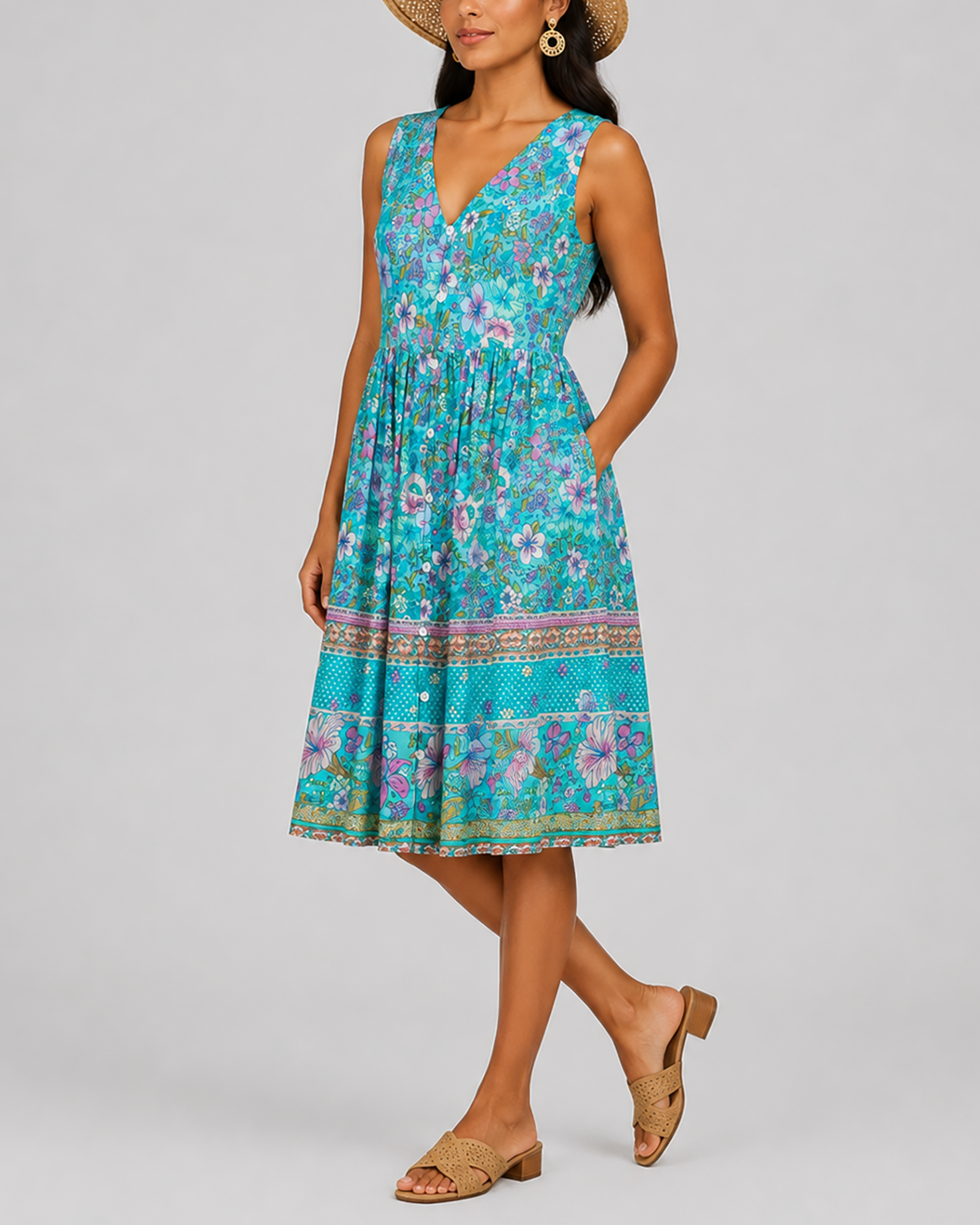 Women's Fashion Ethnic Style Blue Printed V-Neck Open Front Sleeveless Dress by eprolo