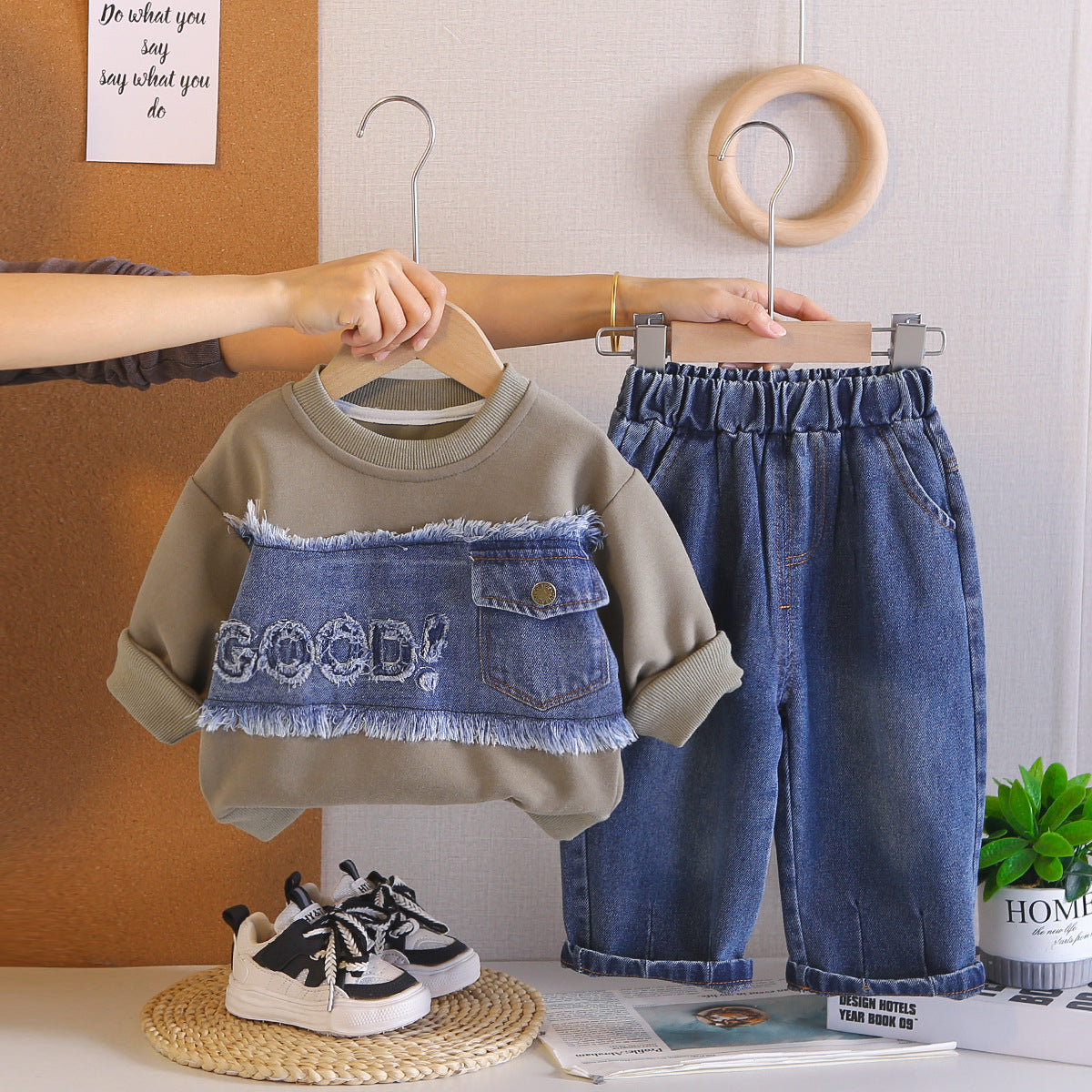 Splicing denim letter hoodie spring long sleeved two-piece set by eprolo