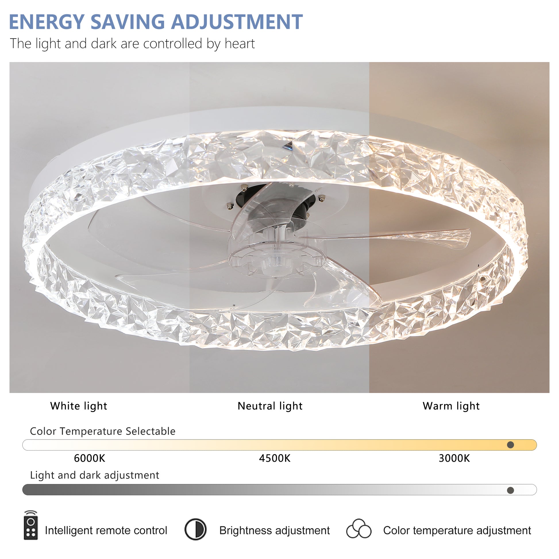 Modern acrylic ceiling fan light with remote control, dimmable LED pendant light, 6-speed adjustable, silent motor by eprolo