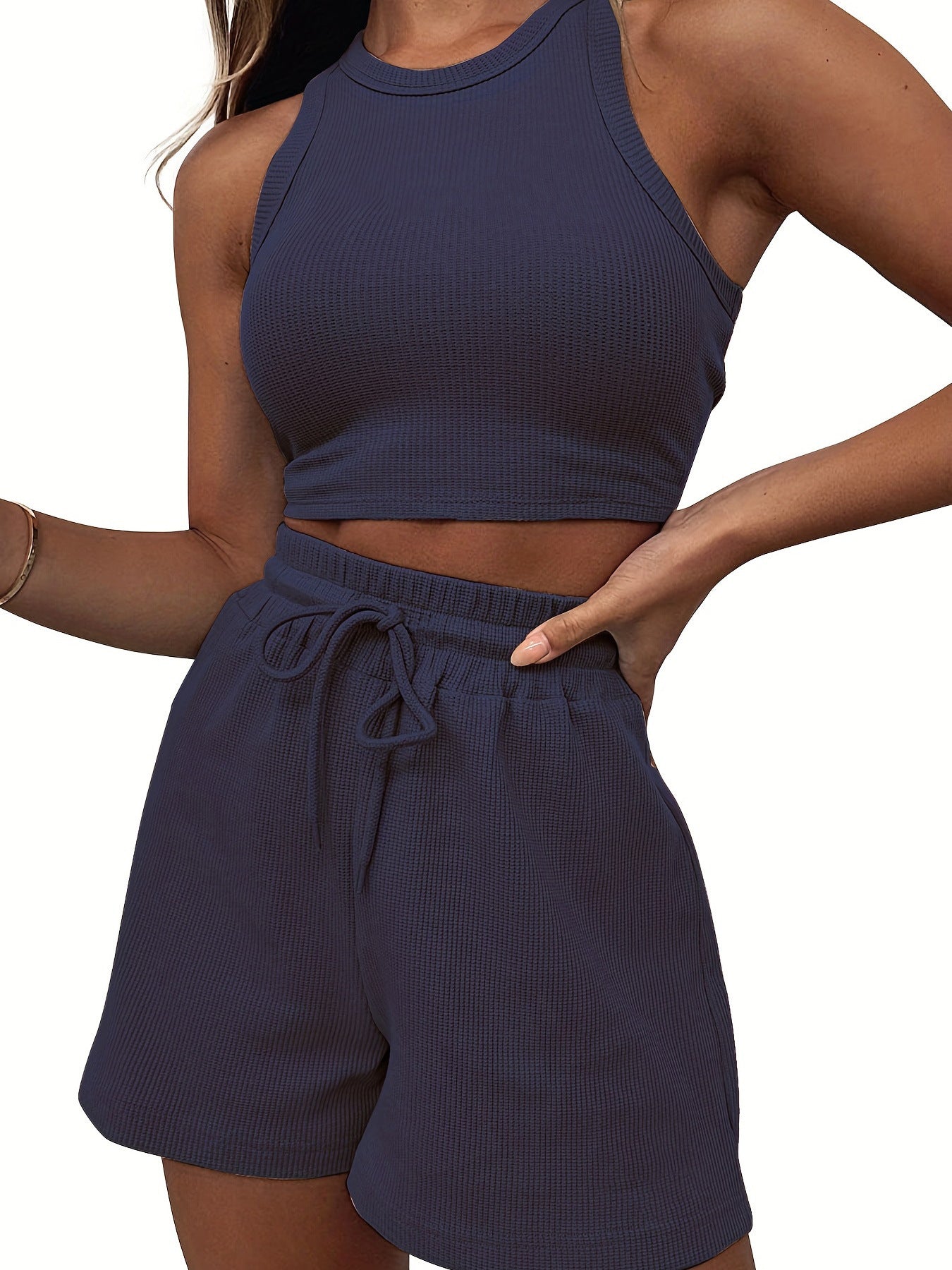 Casual Solid Color Sleeveless Waffle Knit Short Crop Top 2-Piece Set Women's Fashion Outfit by eprolo