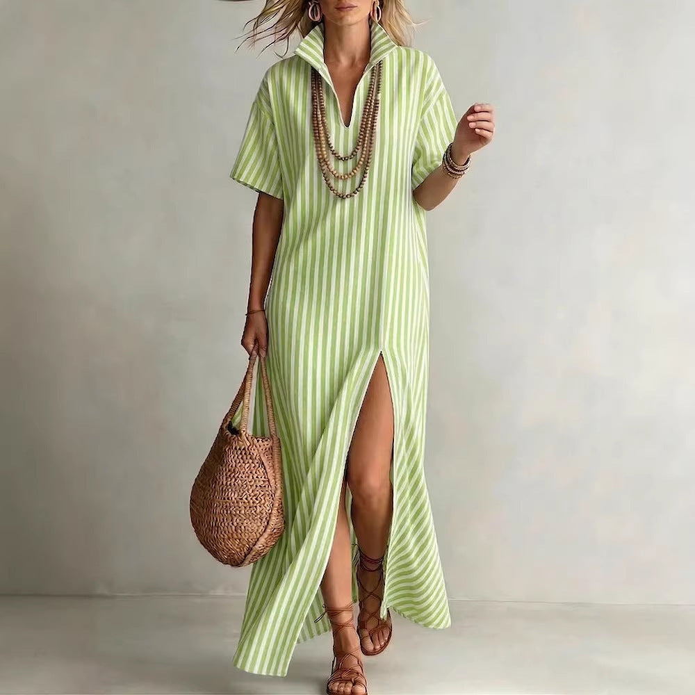 V-neck short sleeved striped split cotton linen dress by eprolo