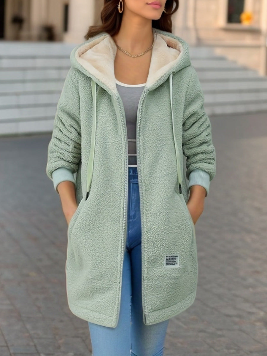 Winter Fleece Hooded Jacket Fashion Casual Zip-up Pockets Long Sweatshirt Warm Commuter Women's Clothing by My Store