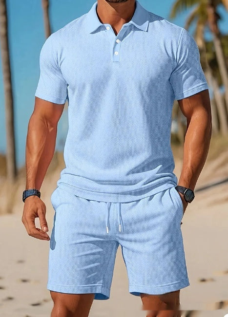 Men's Casual Beach Mesh Lapel Set Summer Comfortable Breathable Loose Solid-Color Sports Short-Sleeved Shirt And Shorts Set by DERILUJA LLC