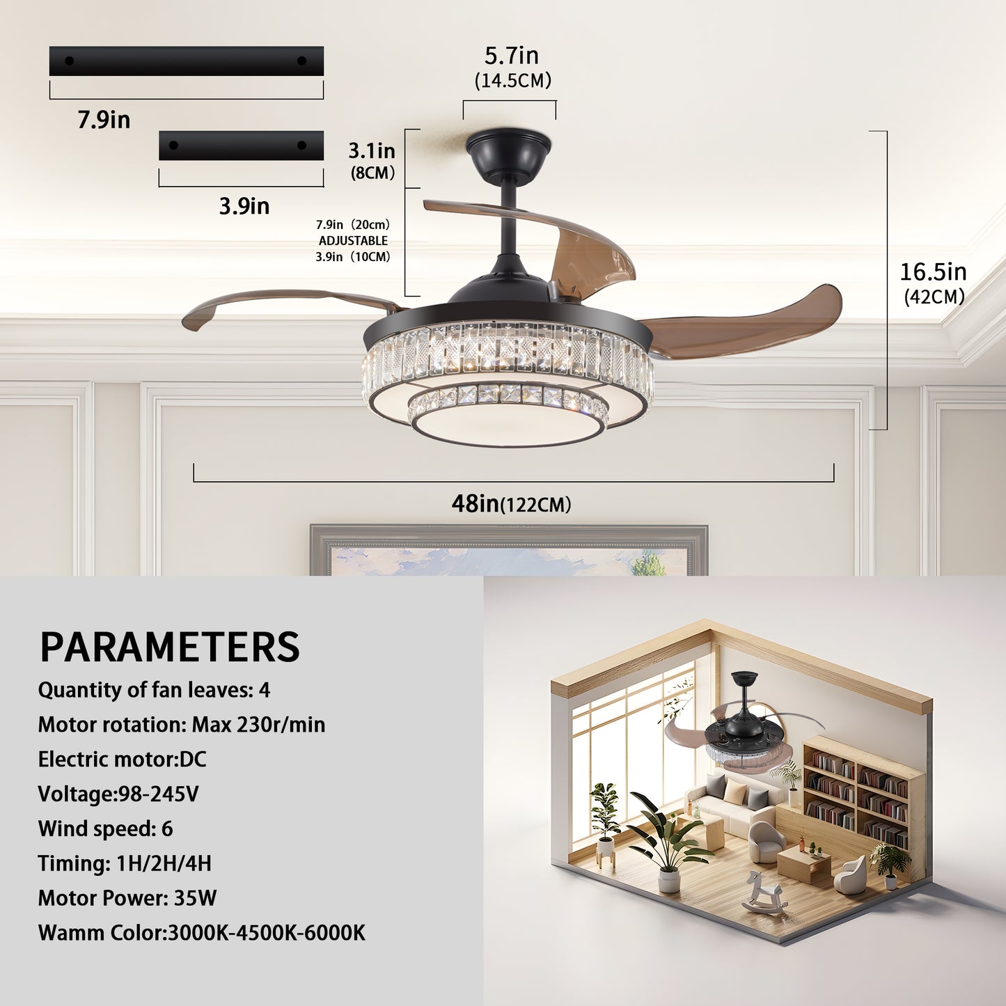 Modern LED retractable ceiling fan with lighting and remote control, silent reversible motor, 4-blade modern ceiling fan by eprolo