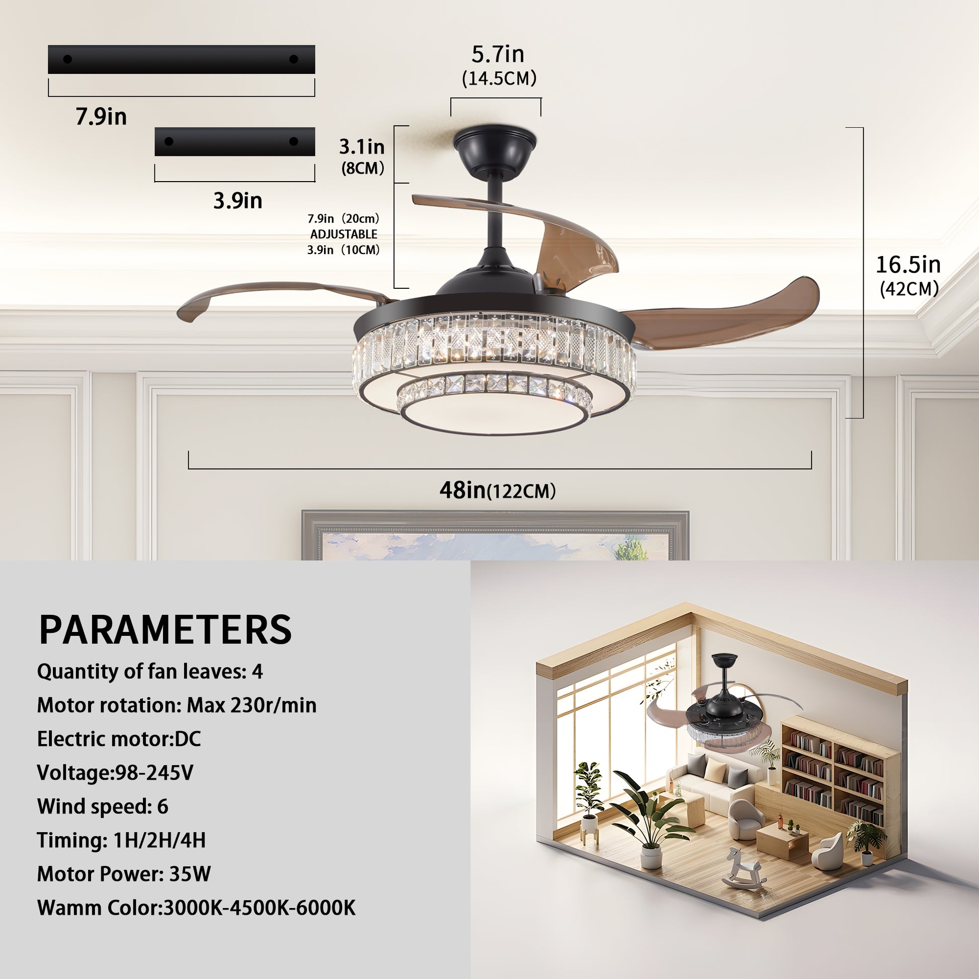 Modern LED retractable ceiling fan with lighting and remote control, silent reversible motor, 4-blade modern ceiling fan by eprolo