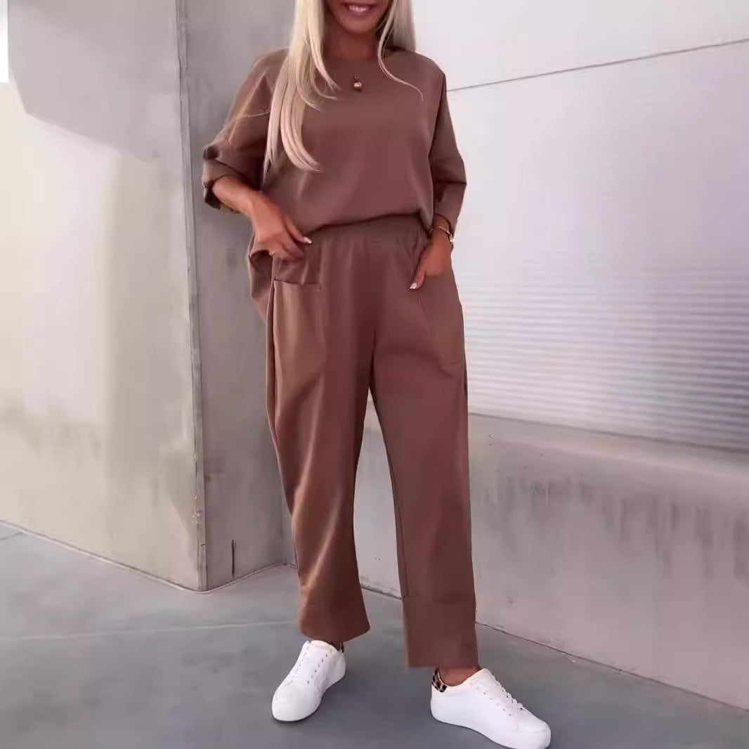 Two-piece Solid Color Round Neck Cropped Pants Set by My Store