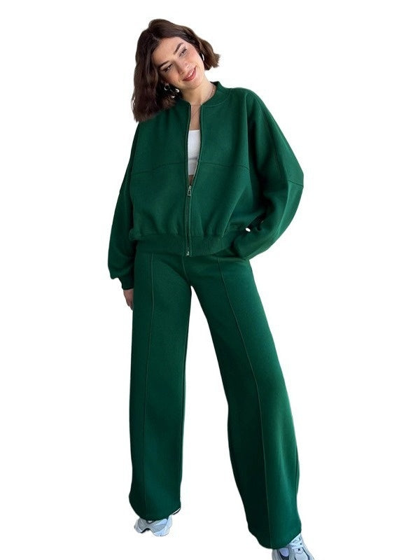 Women's Sports Suits Zipper Jacket And Wide Leg Pants Two-piece Set by My Store