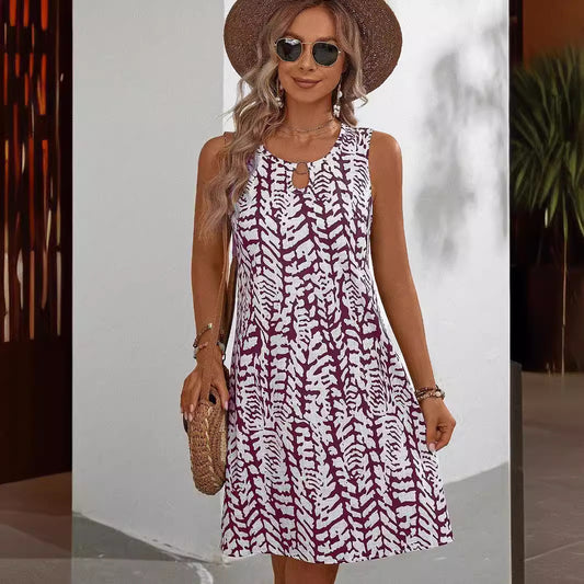 Elegant U-Neck Floral Print Sleeveless Dress with Ring Detail, Mid-Length Summer Dress for Women by eprolo