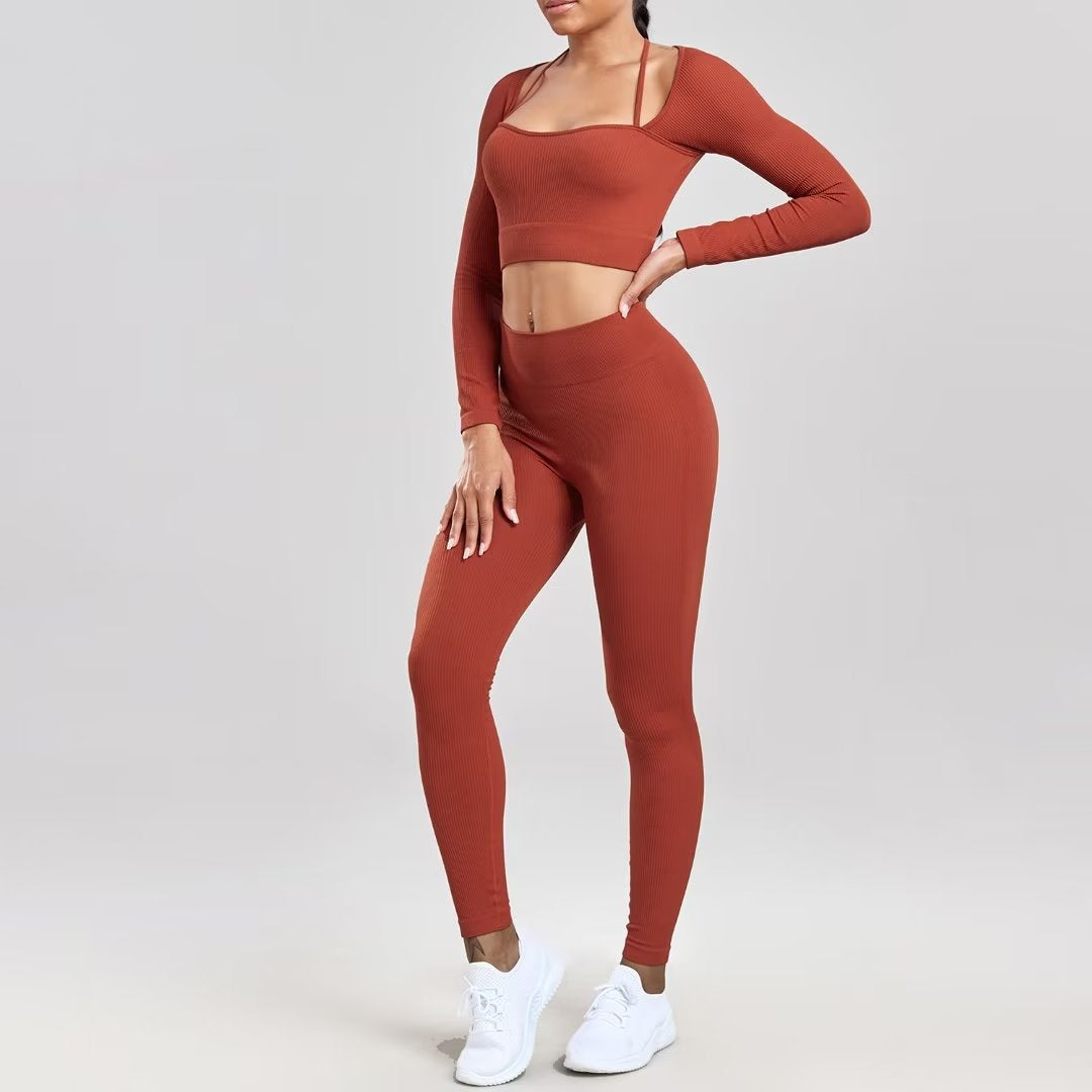 Sports Running Seamless Ribbed Long Sleeve Yoga Fitness Set, Bodycon High-Waisted Backless T-Shirt, Quick-Dry Workout Apparel by eprolo