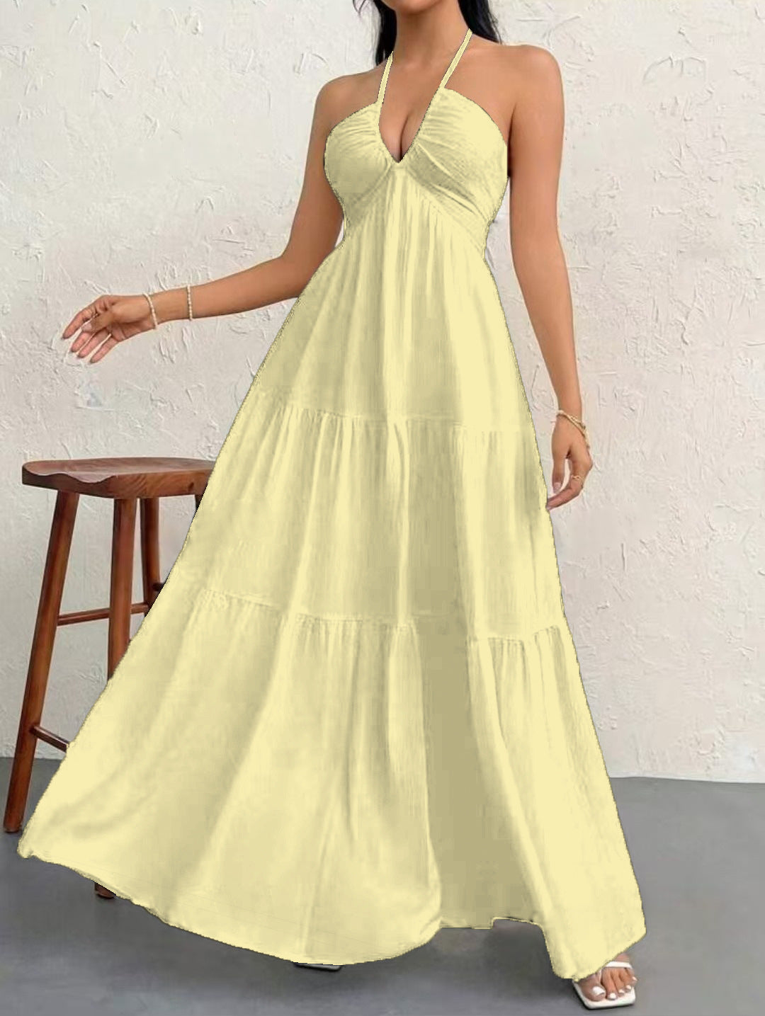 Backless Halterneck V-Neck Pleated A- Line Dress Women's Clothing One-Piece Dress Ankle-length Skirt For Beach Vacation Outfits by DERILUJA LLC