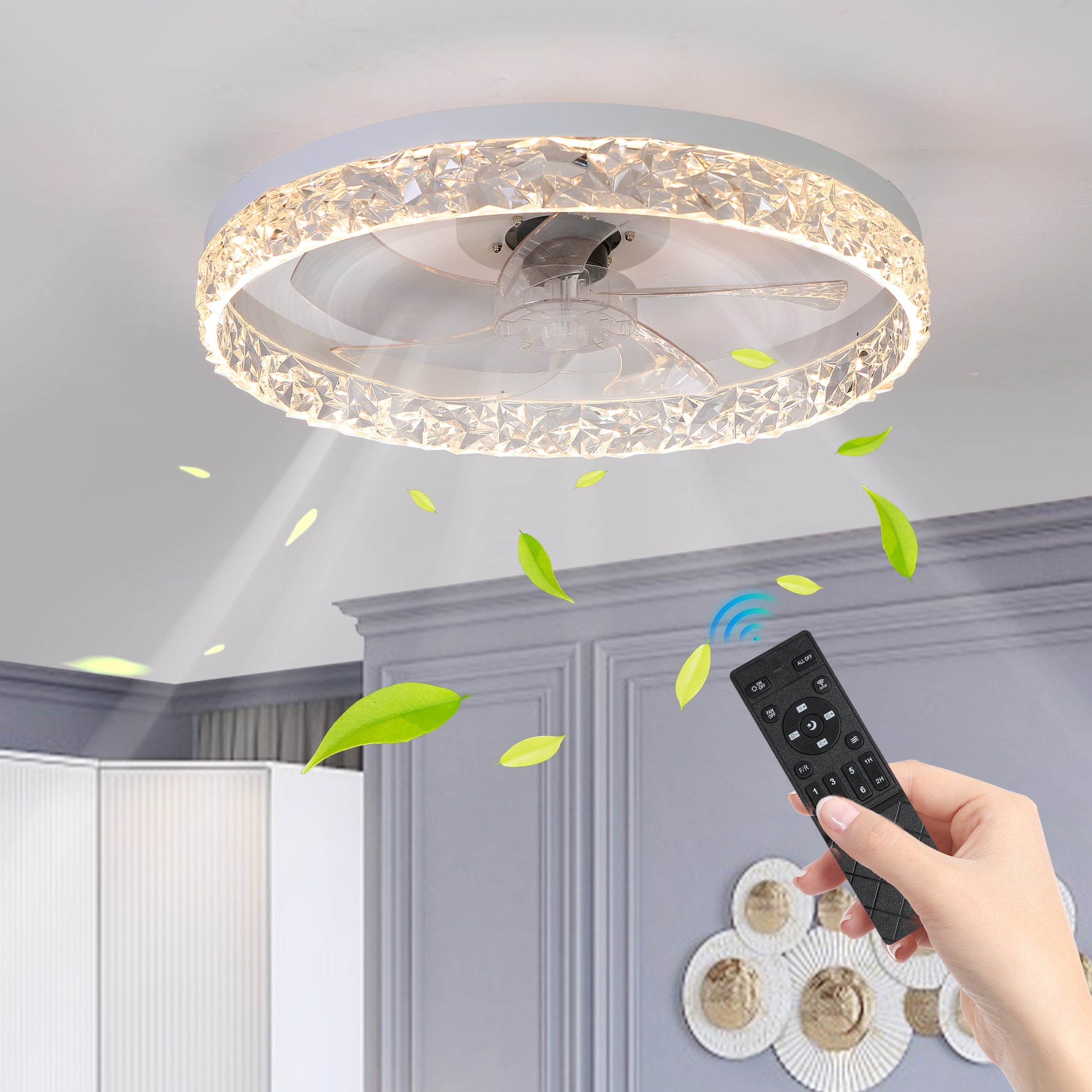 Modern acrylic ceiling fan light with remote control, dimmable LED pendant light, 6-speed adjustable, silent motor by eprolo