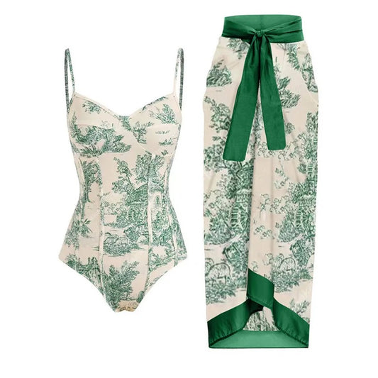 New One Piece Swimsuit Women's Conservative Slim Vintage Print With Steel Support Hard Bag Swimsuit Chiffon Skirt by eprolo