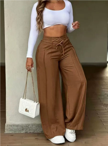 Lace-up Trousers Loose-fit Drawstring Wide-leg Pants With Multiple Pockets by DERILUJA LLC
