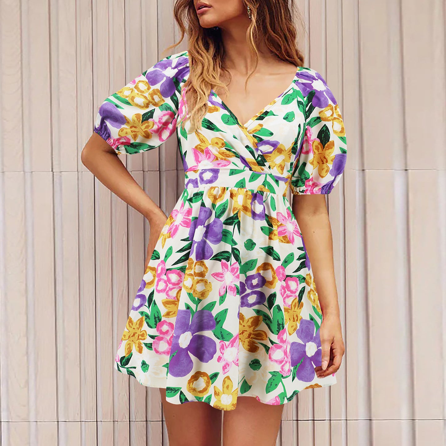 Flowers Print V-Neck Lantern-sleeve Dress Y2K Summer Vacation Beach Short Dresses Fashion Womens Clothing by DERILUJA LLC