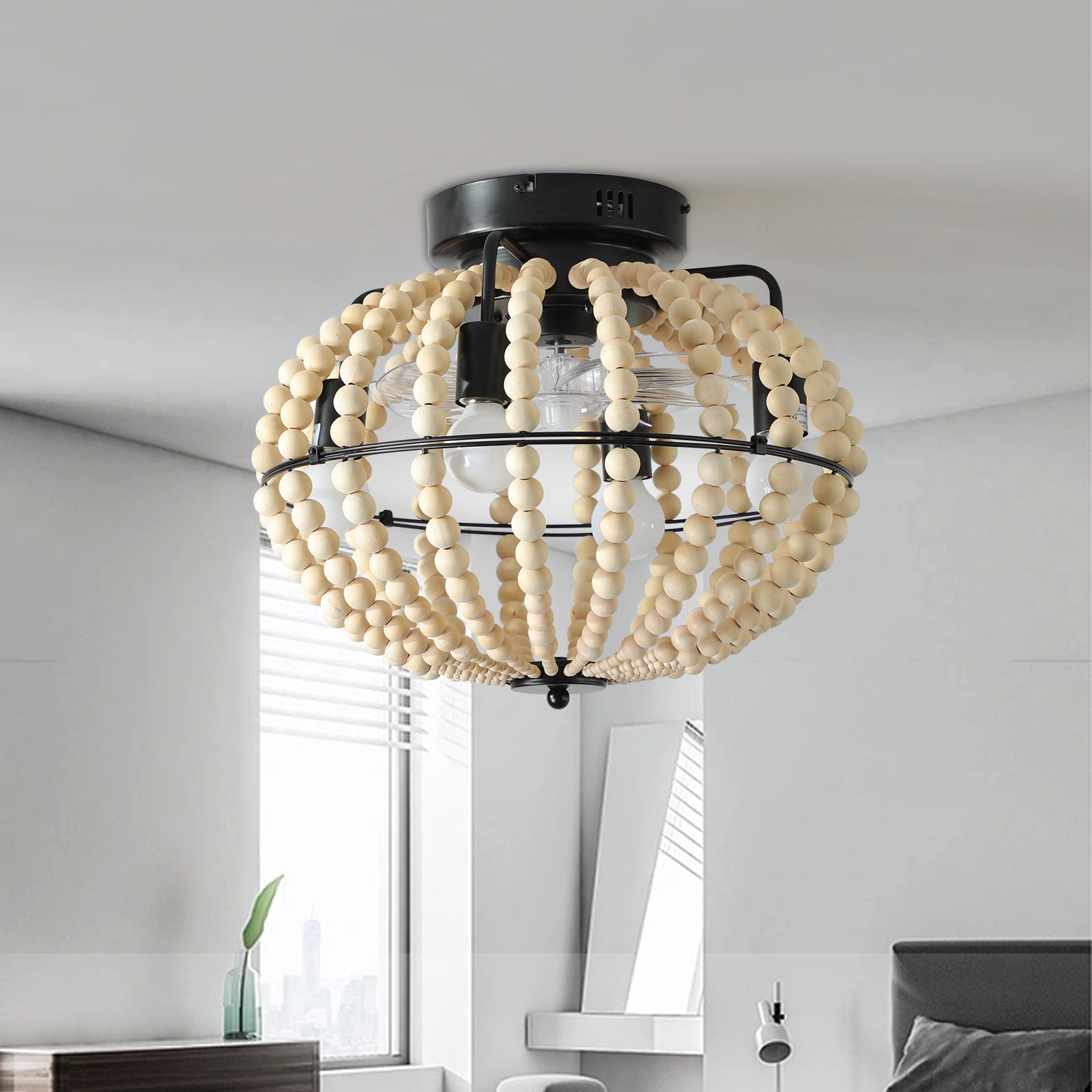 Beaded Fan lamp Wood Beaded Chandelier Oak White by eprolo
